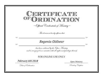 Ordained Minister Regenia Oldbear