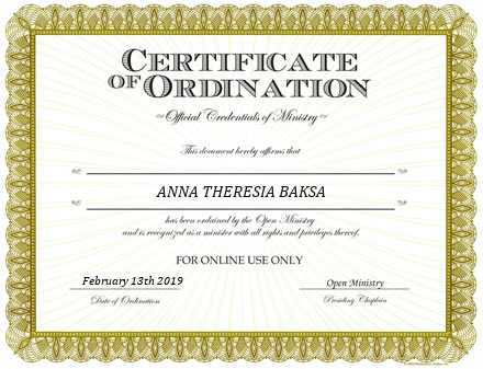 Ordained Minister ANNA THERESIA BAKSA