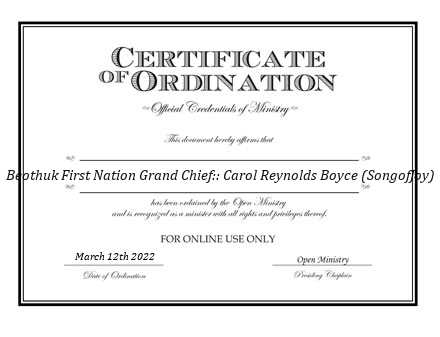 Ordained Minister Beothuk First Nation Grand Chief:: Carol Reynolds Boyce (SongofJoy)